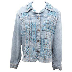 Hearts of Palm Blue Denim Jean Jacket Woman Size 8 Embroidered Beaded